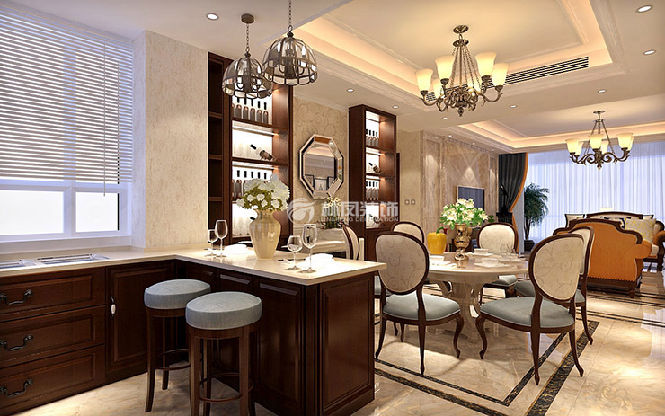 美式風(fēng)格客餐廚一體化設(shè)計(jì)裝修效果圖
